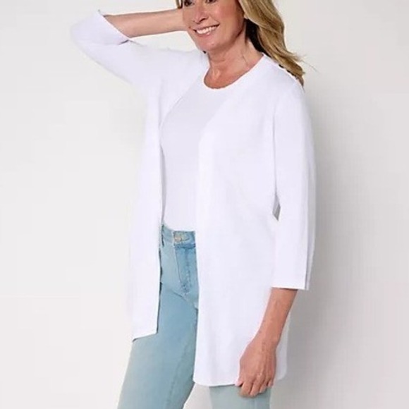 Denim&Co Sweaters - Denim & Co Womens Large White 3/4 Sleeve Slub Jersey Tunic Cardigan A694194